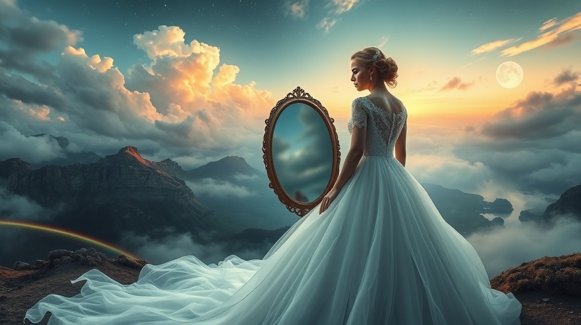 Donna vestita da sposa che si guarda in uno specchio in un paesaggio da sogno.