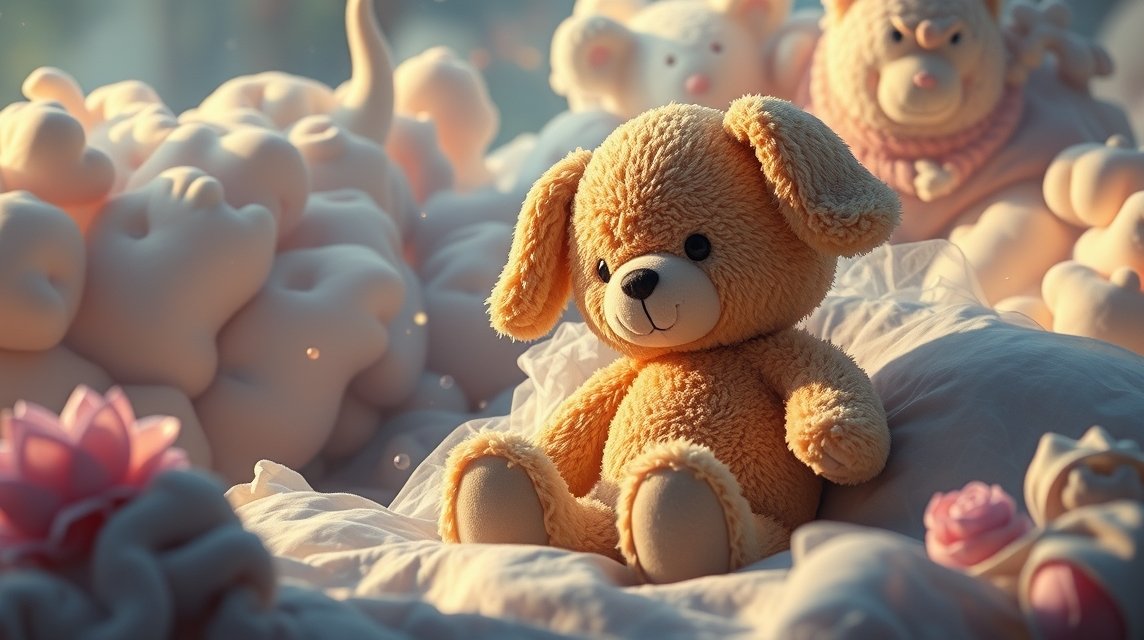 Peluche giallo su un letto di cuscini e peluche bianchi.