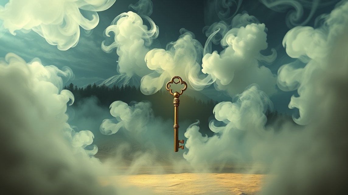 Chiave sospesa tra fumi e nebbia, simbolo di chiarezza interiore.