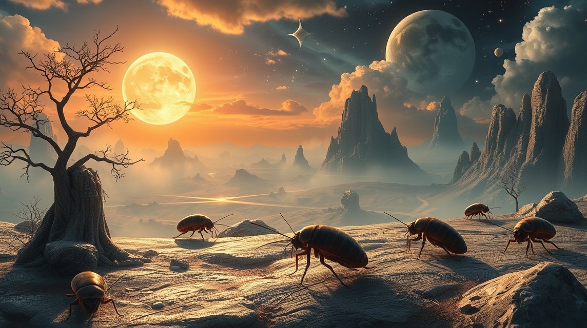 Scarafaggi in un paesaggio onirico al chiaro di luna