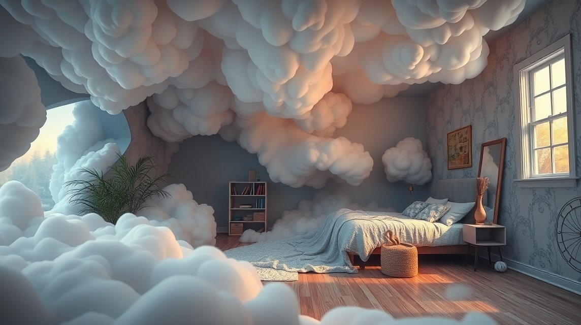 Camera confusa con nuvole, simbolo di ordine mentale nei sogni.