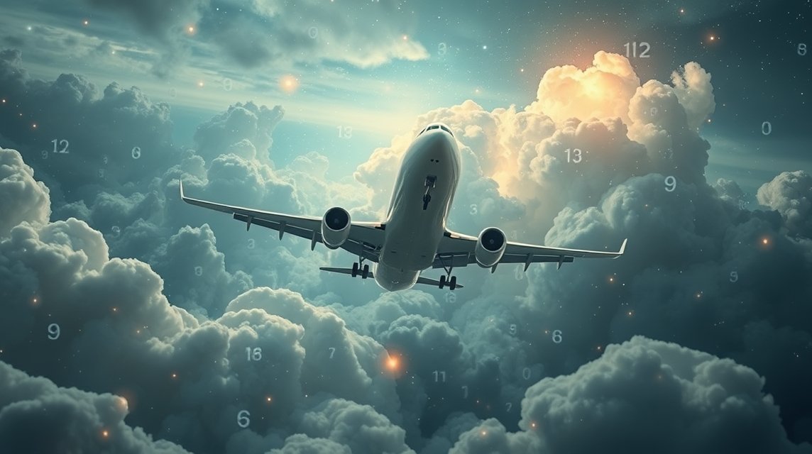 Aereo che vola tra le nuvole con numeri magici sullo sfondo, simbolo di libertà e sogni.