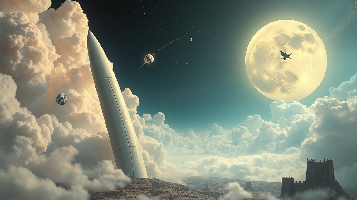 Razz rocket soaring through a cosmic landscape with planets and a full moon