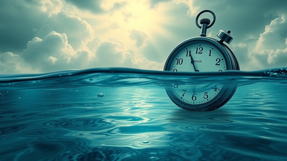 Orologio sommerso in acqua con nuvole sullo sfondo