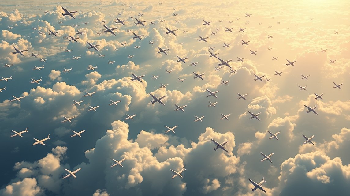 Tanti aerei in volo tra le nuvole, simbolo di successo e ambizione