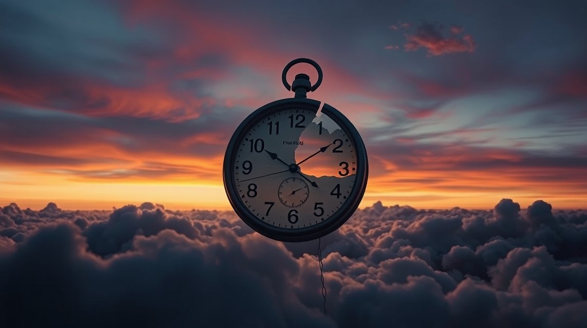 Orologio sospeso tra le nuvole al tramonto