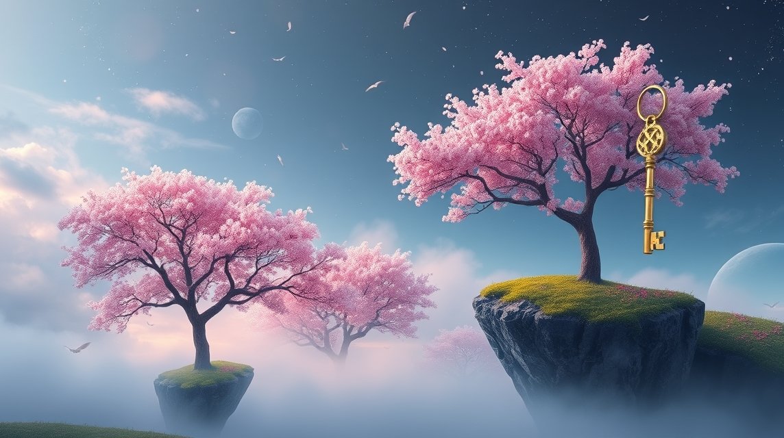 Albero in fiore e chiave d'oro nel cielo sereno