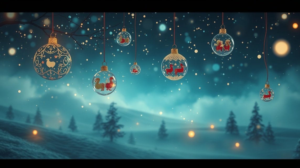 Addobbi natalizi luminosi sospesi in un paesaggio invernale magico