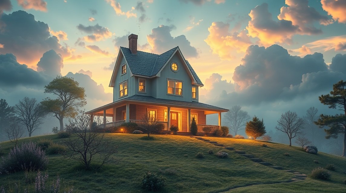 Casa accogliente su una collina con un cielo nuvoloso al tramonto.