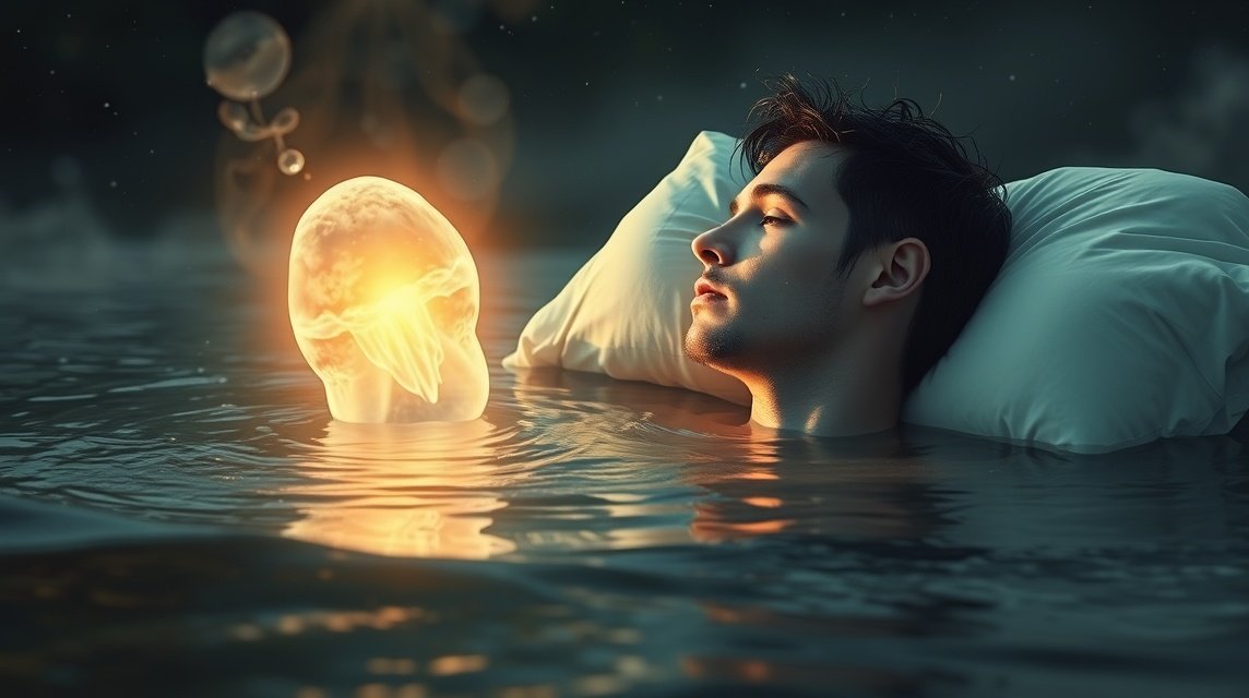 Giovane in acqua riflettendo su simboli di malessere interiore