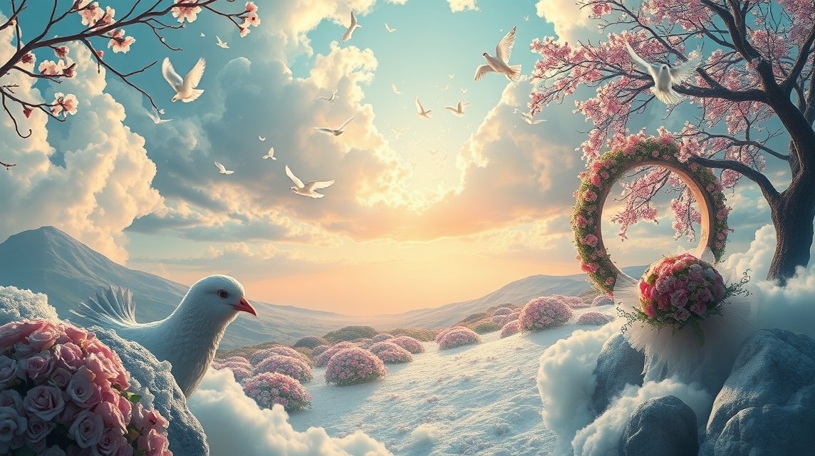 Paesaggio da sogno con fiori, uccelli e un anello di matrimonio.