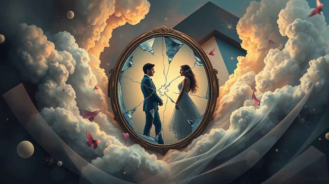 Coppia riflessa in uno specchio rotto, simbolo di insicurezza e tradimento.