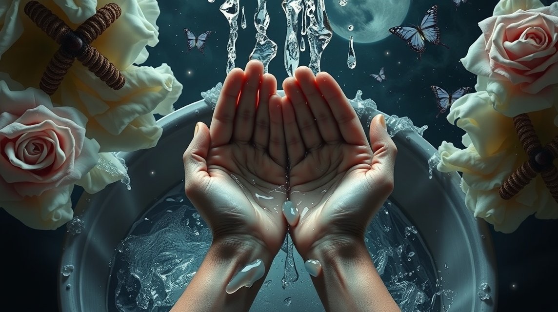 Mani che si lavano con acqua e fiori, simbolo di purificazione