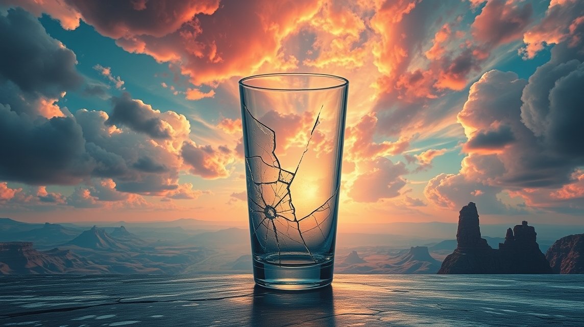 Un bicchiere di vetro incrinato al tramonto, simbolo di fragilità e pericoli.