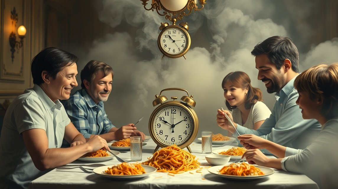 Famiglia riunita attorno a un tavolo con pasta e orologi