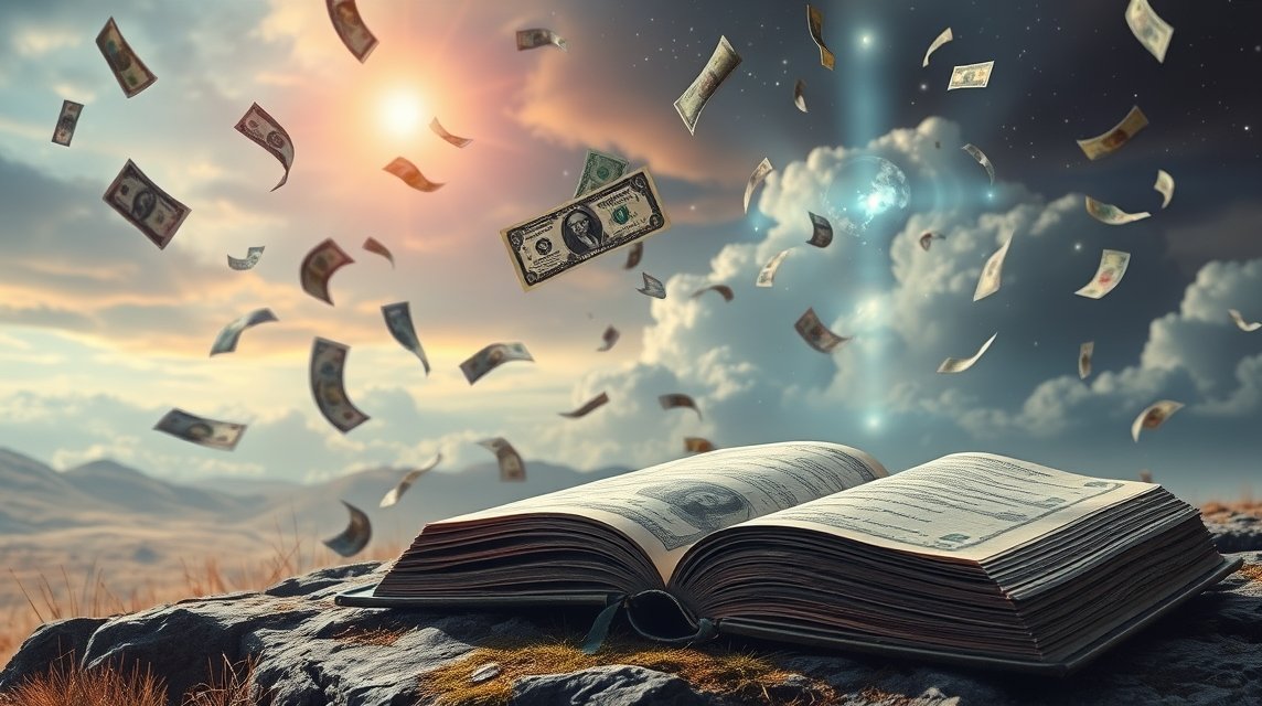 Un libro aperto con banconote che volano nell'aria, simboleggiando guadagni e fortuna.