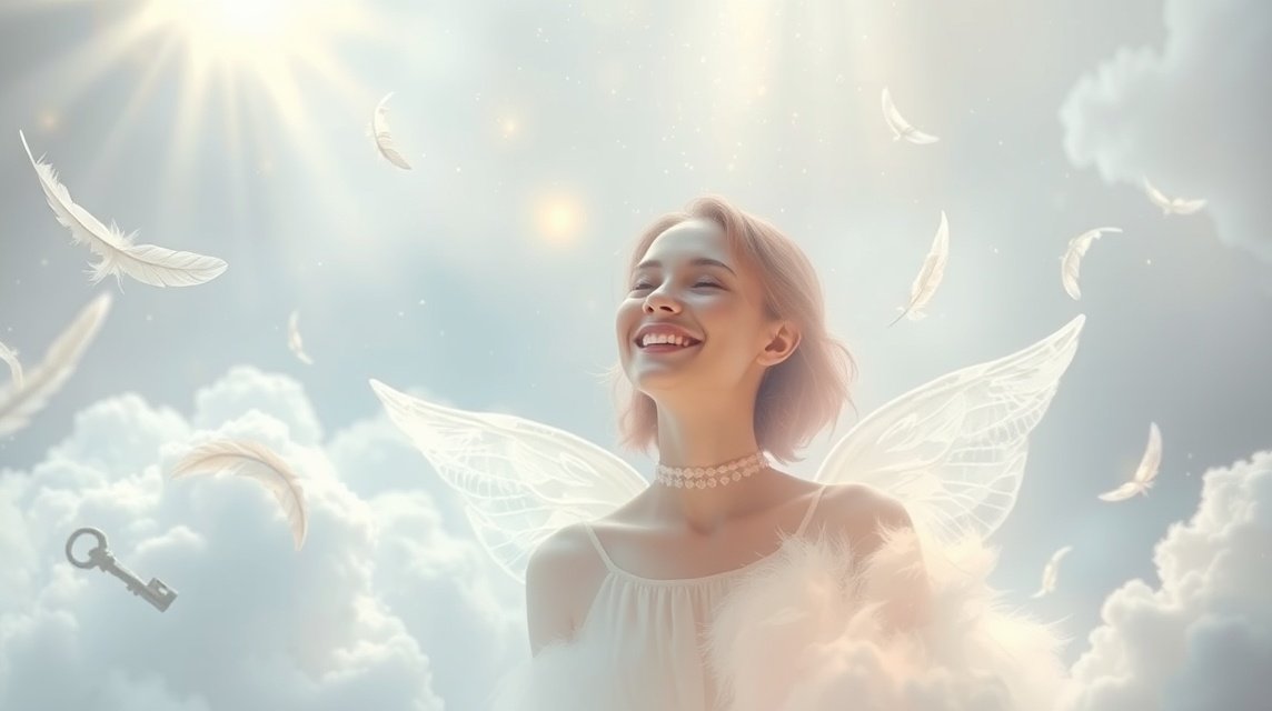 Giovane donna felice con ali angeliche in un cielo sereno.