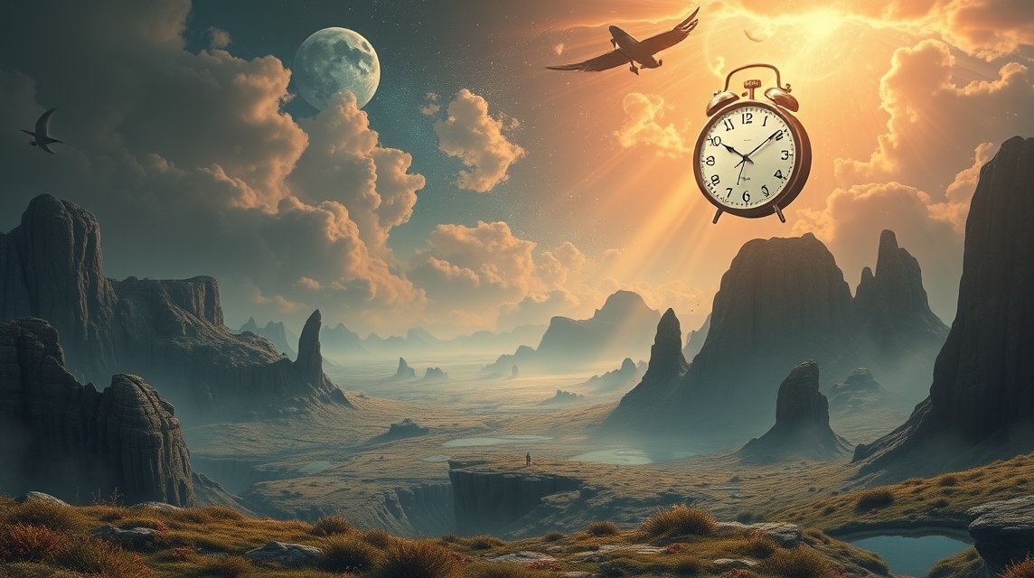 Paesaggio onirico con orologio e uccello che vola.