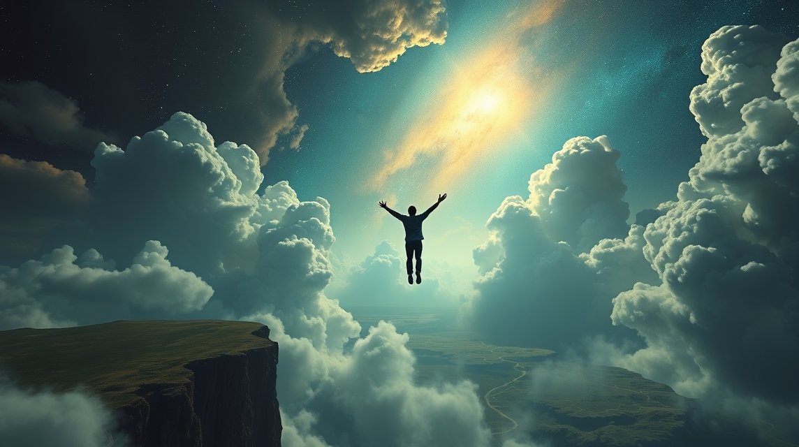 Uomo che vola tra le nuvole, simbolo di libertà e indipendenza