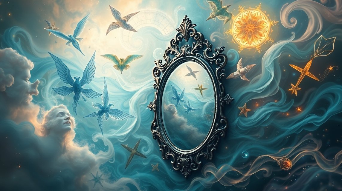 Riflessione onirica con uccelli e simboli mistici in un sogno.