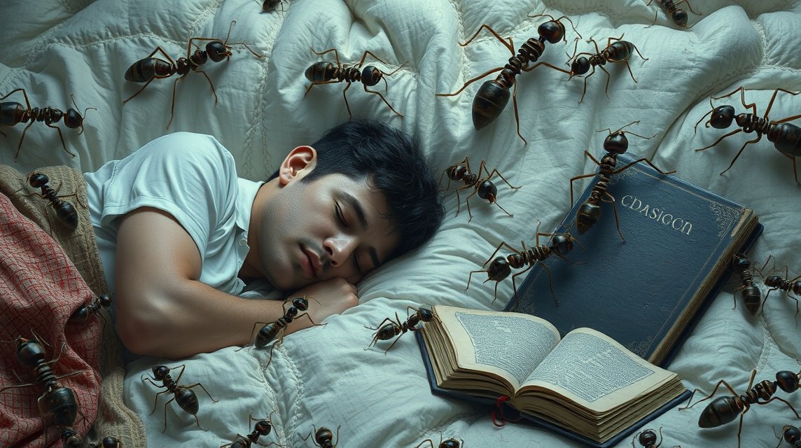 Uomo che dorme circondato da formiche e un libro aperto