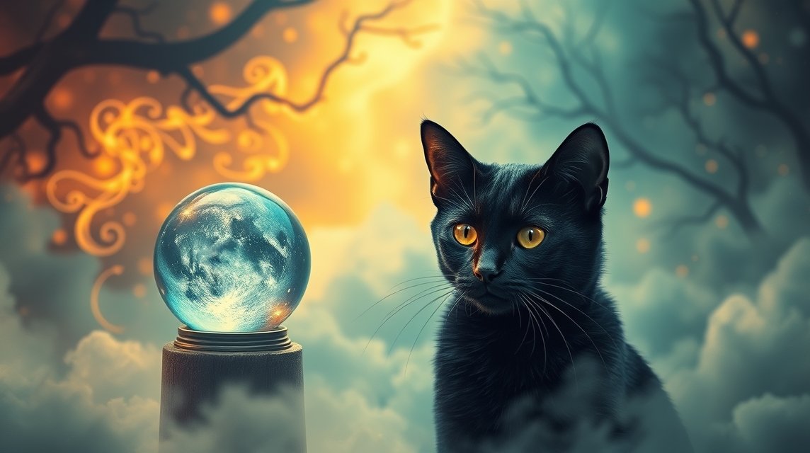 Gattino nero con occhi dorati vicino a una sfera magica in un paesaggio etereo