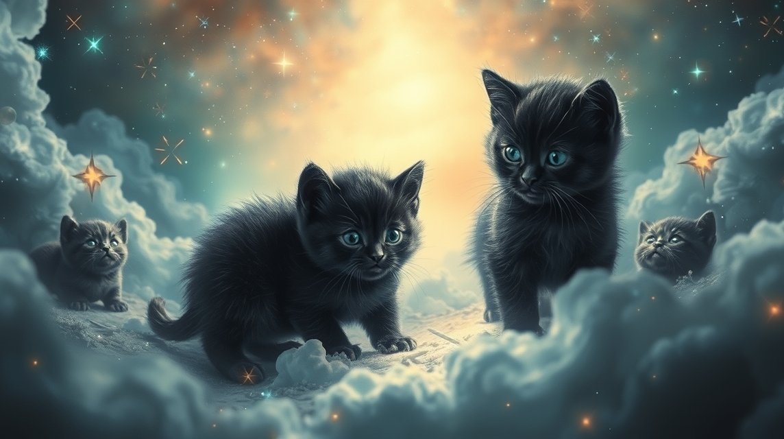 Gattini neri piccoli in un'atmosfera onirica e misteriosa