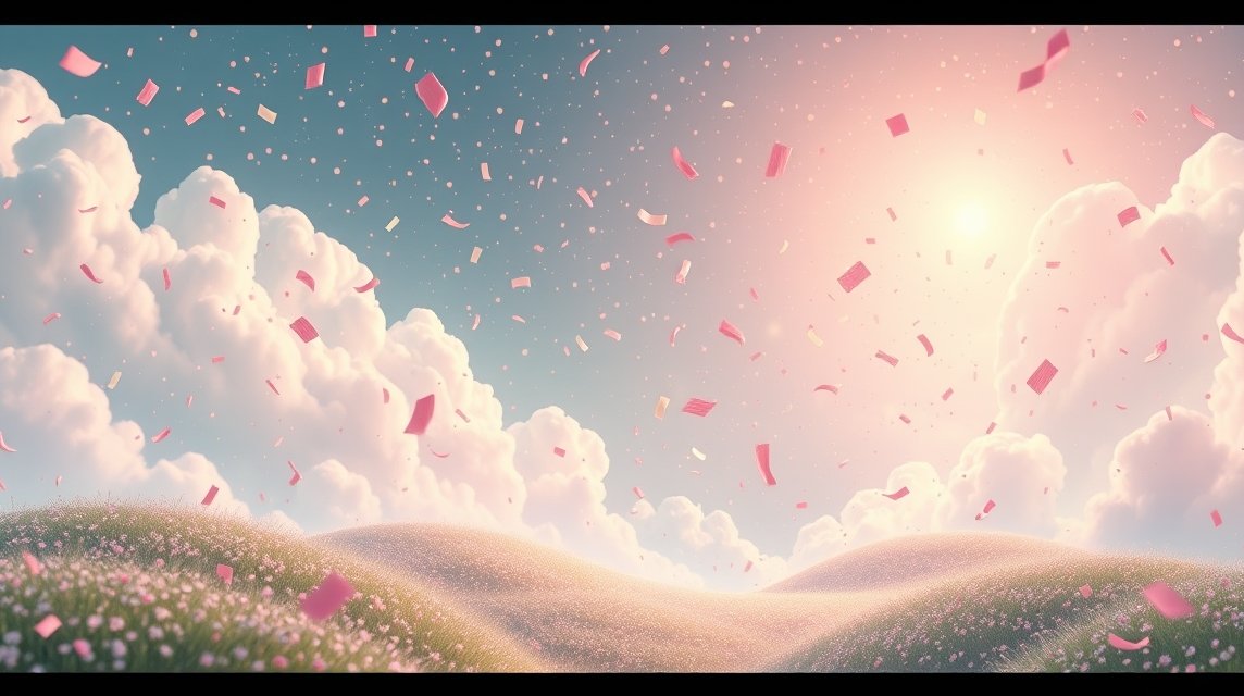 Confetti colorato che cade tra nuvole soffici in un cielo sereno.