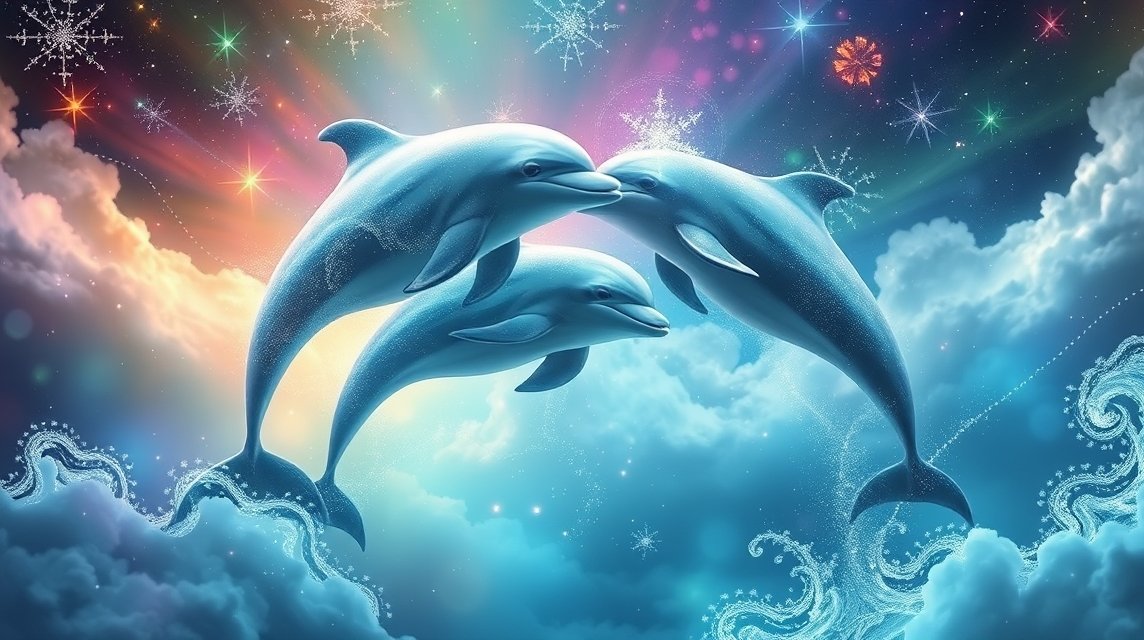 Tre delfini in un cielo colorato con nuvole e stelle