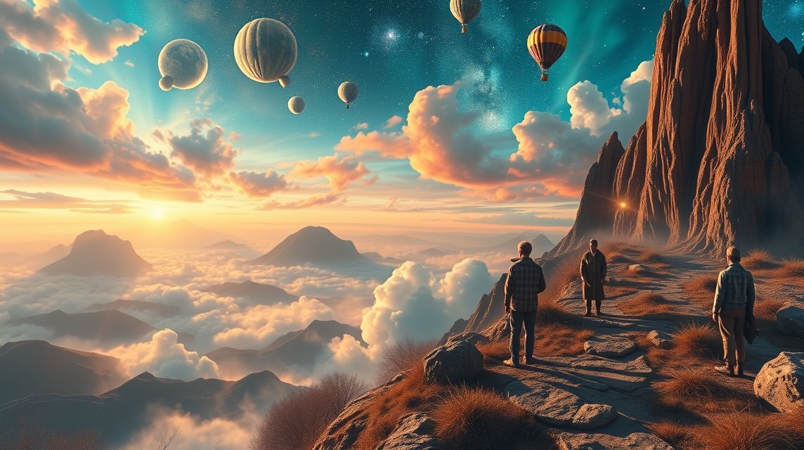 Paesaggio onirico con persone e mongolfiere al tramonto.