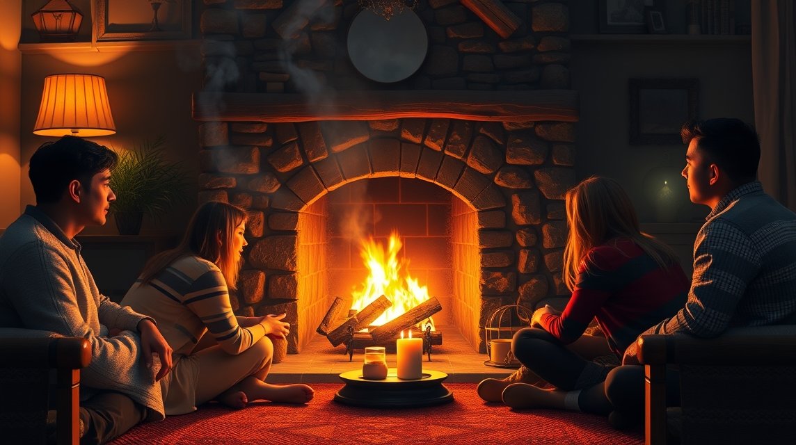 Famiglia riunita attorno al camino acceso, simbolo di calore e intimità.