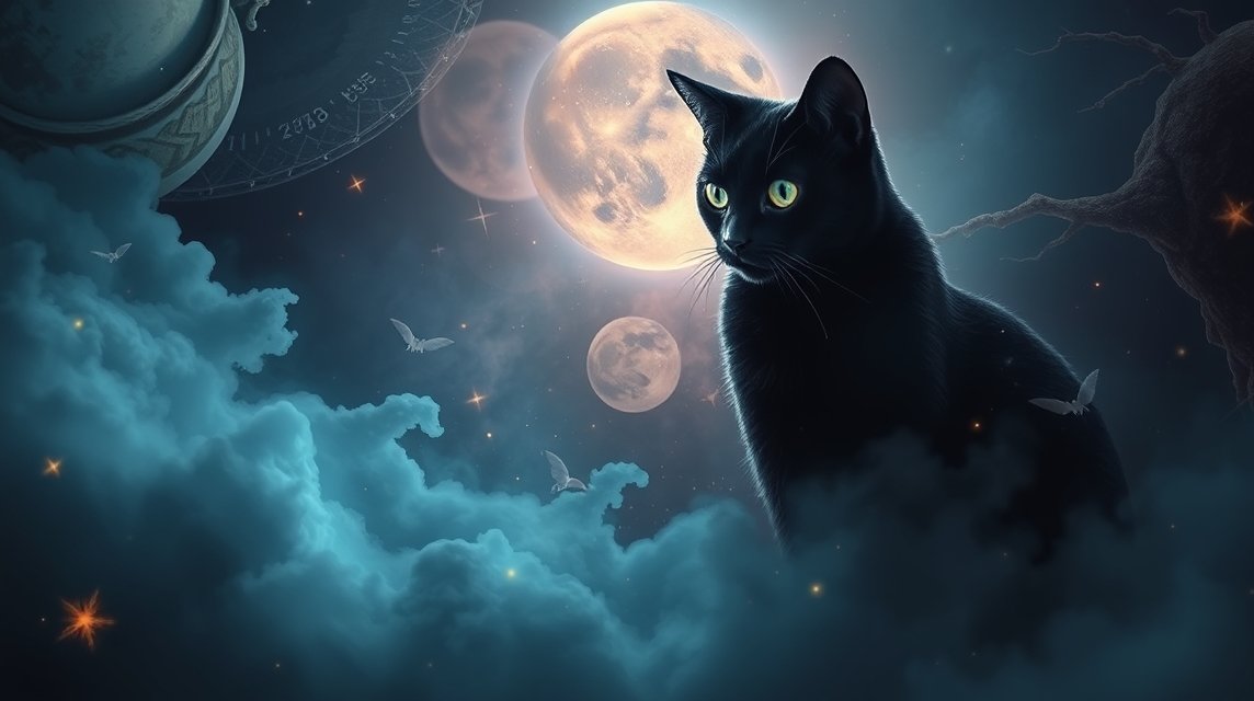 Gatto nero in un ambiente magico con luna e nuvole