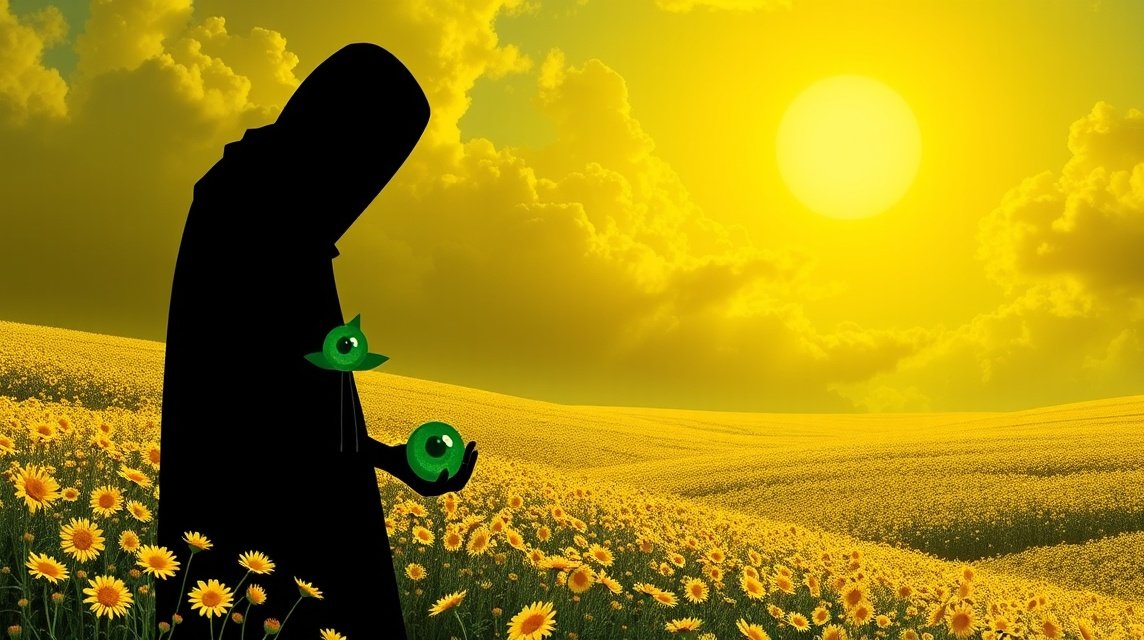 Silhouette in a yellow field symbolizing emotions of jealousy or joy.