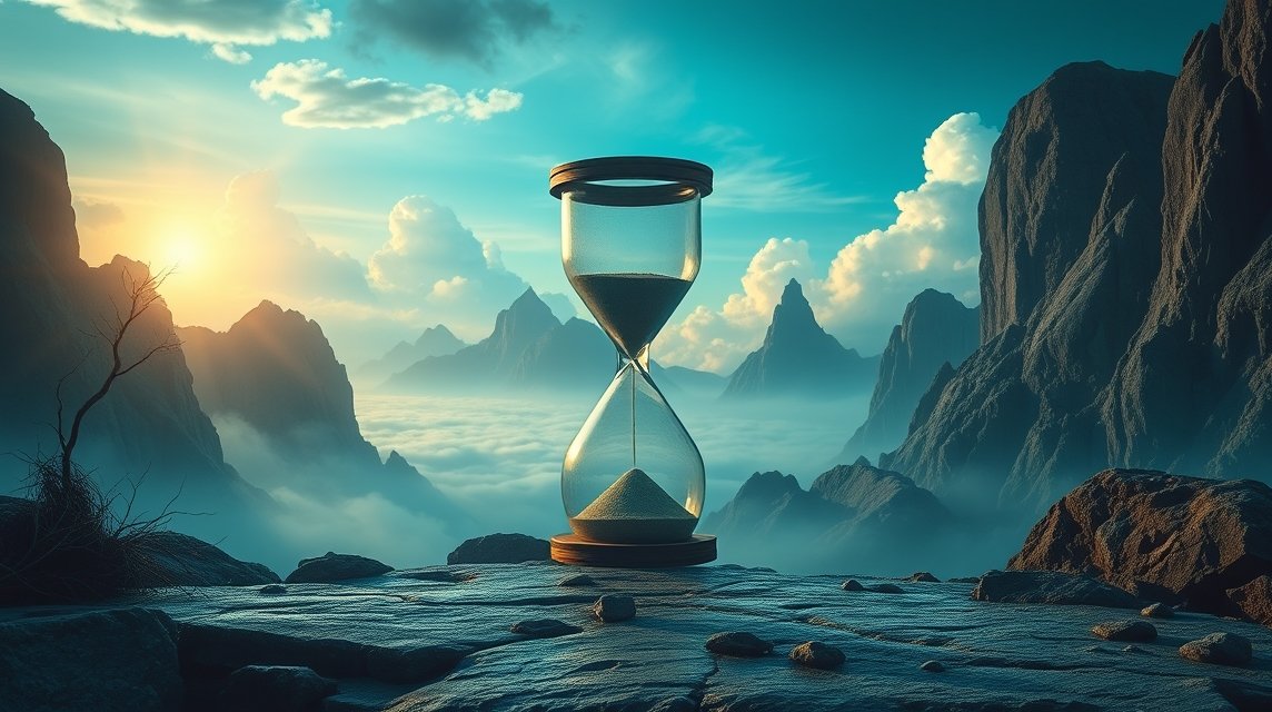 Una clessidra in un paesaggio montano al tramonto, simboleggia il tempo e l'ansia nei sogni
