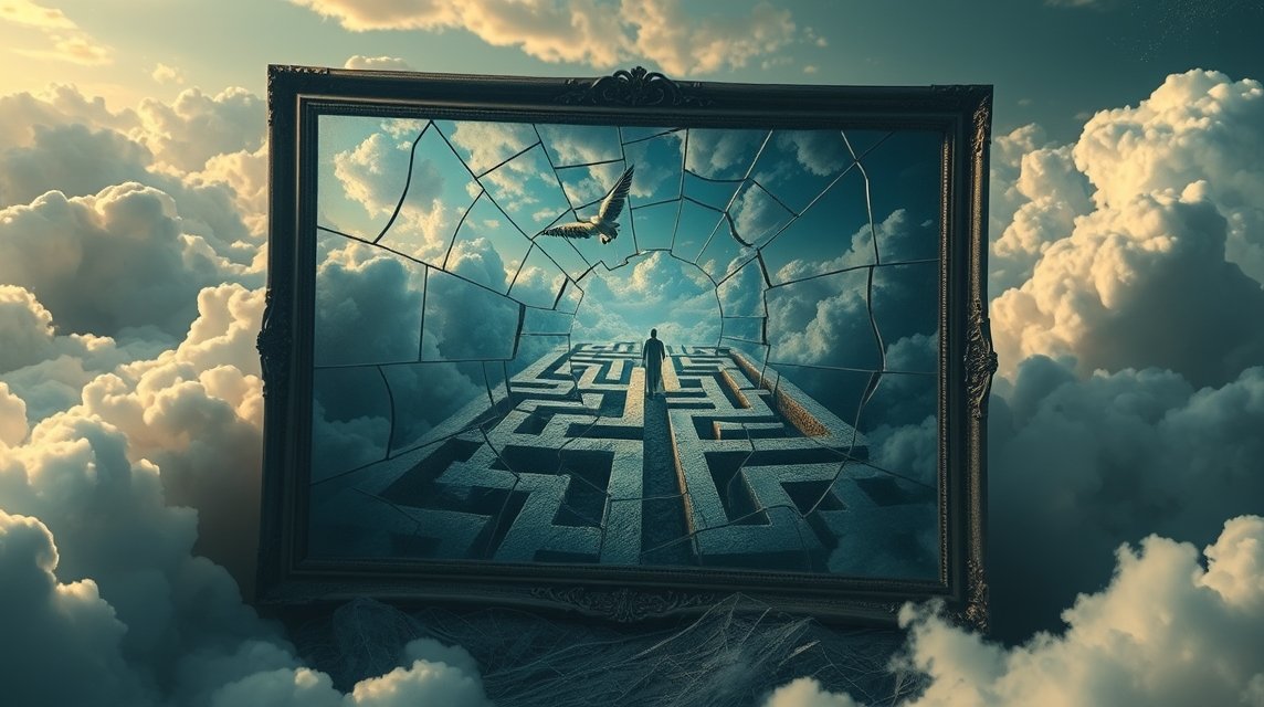 Un labirinto surreale che simboleggia l'insicurezza e il tradimento nei sogni