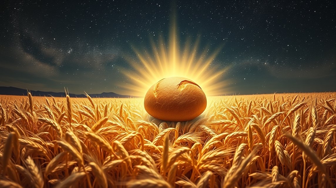 Pane dorato tra i campi di grano sotto un cielo stellato