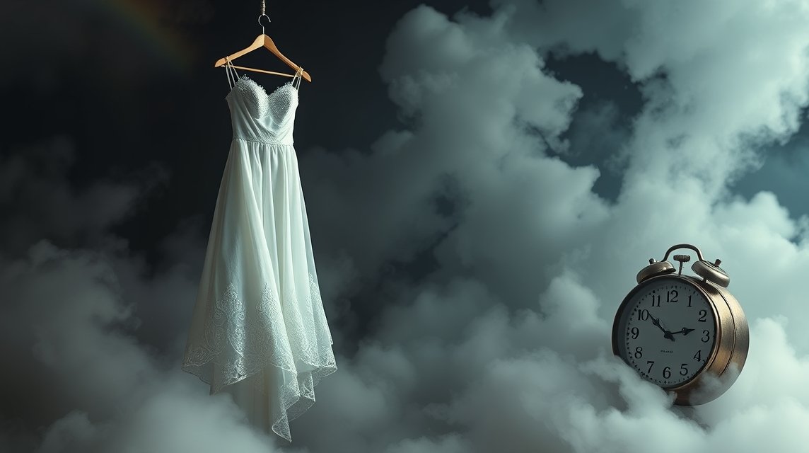 Abito da sposa bianco appeso tra le nuvole con un orologio