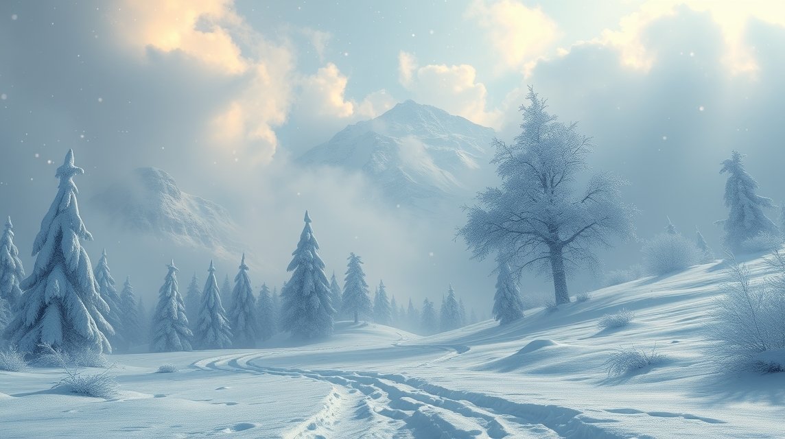 Paesaggio invernale con alberi e montagne coperte di neve