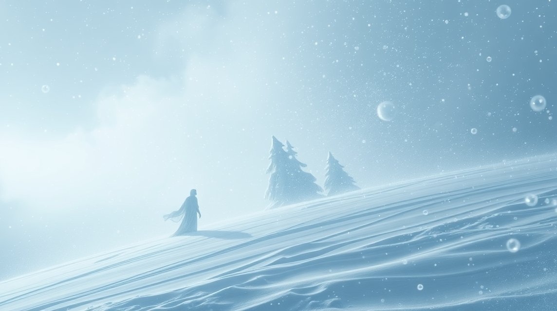 Una figura solitaria cammina su un paesaggio innevato e silenzioso.