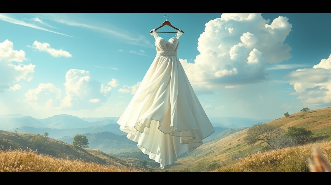 Abito da sposa appeso in un paesaggio sereno e naturale
