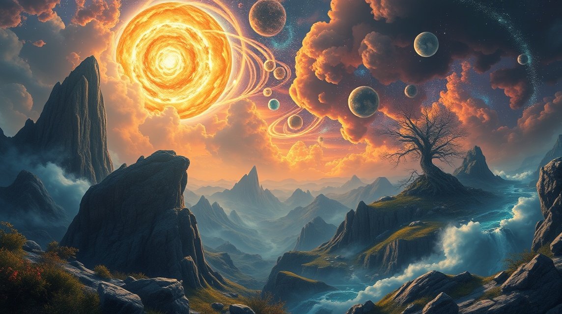 Paesaggio surreale con un sole luminoso e pianeti in un cielo fantastico