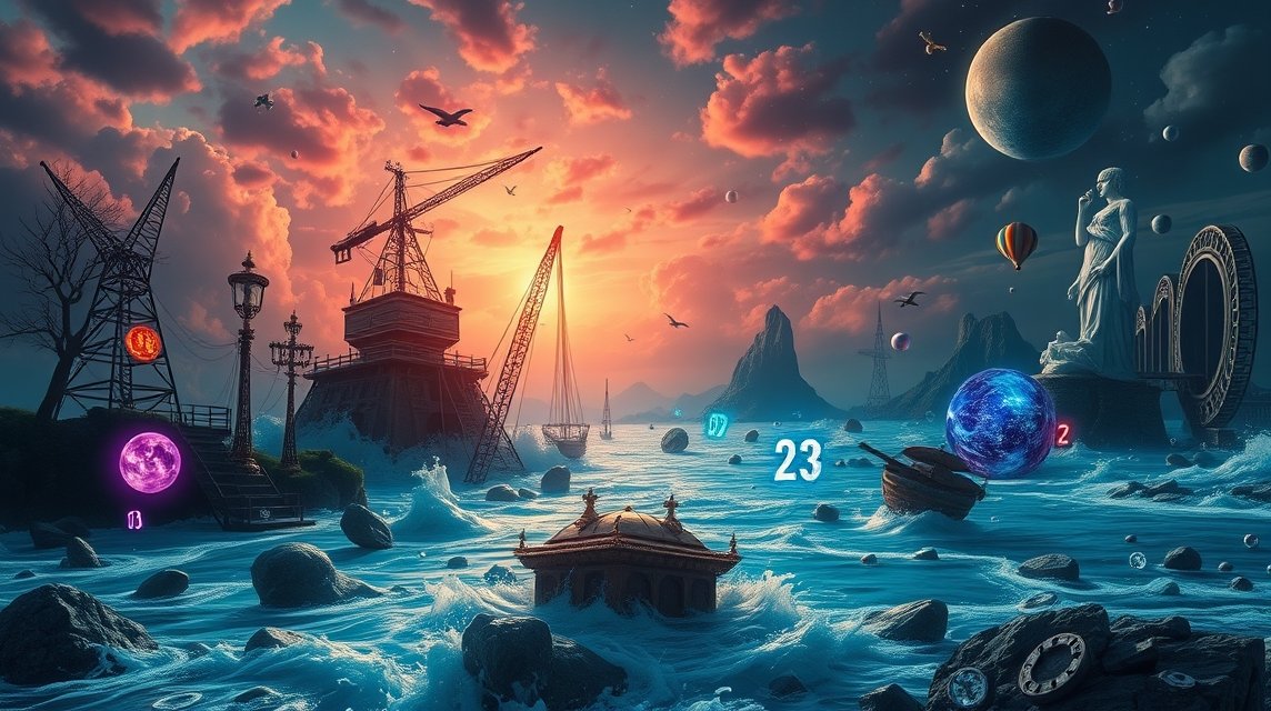 Immagine surreale di un'alluvione con simboli e numeri fortunati