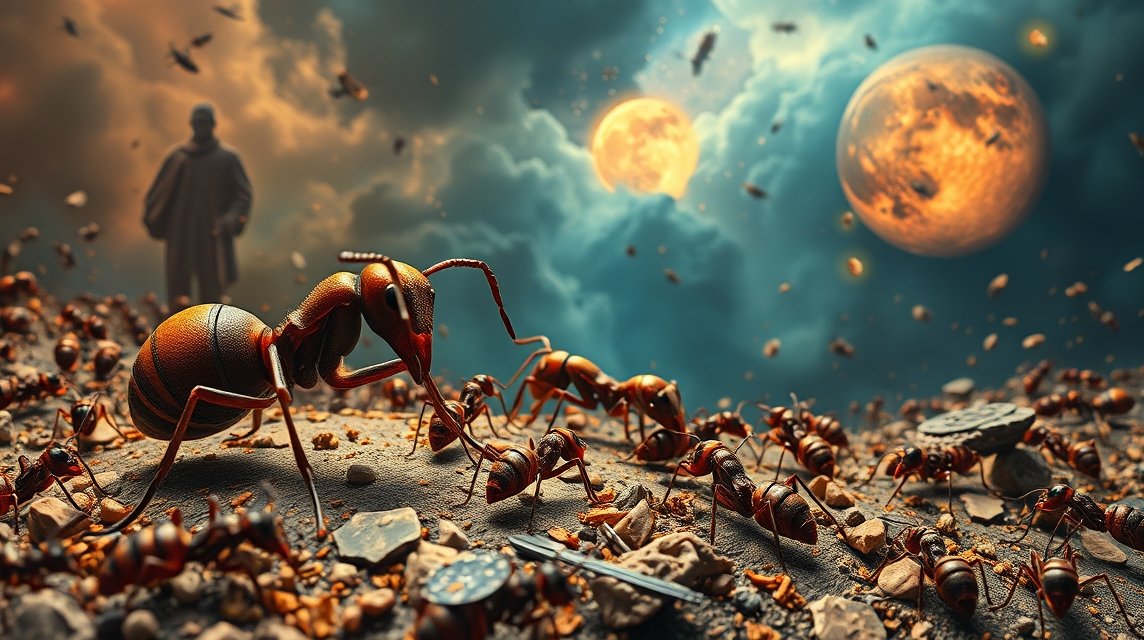 Formiche operose in un paesaggio onirico con un misterioso sfondo celeste.