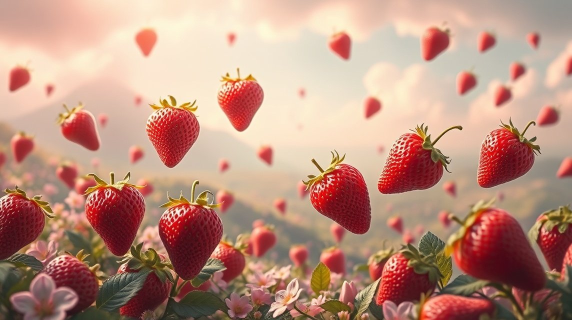 Fragole che fluttuano sopra un campo fiorito al tramonto.