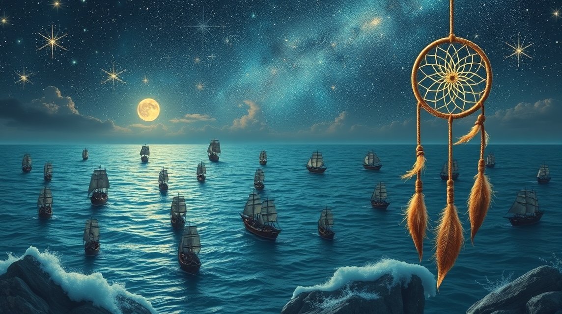 Solo di barche in mare sotto una luna illuminata e stelle.