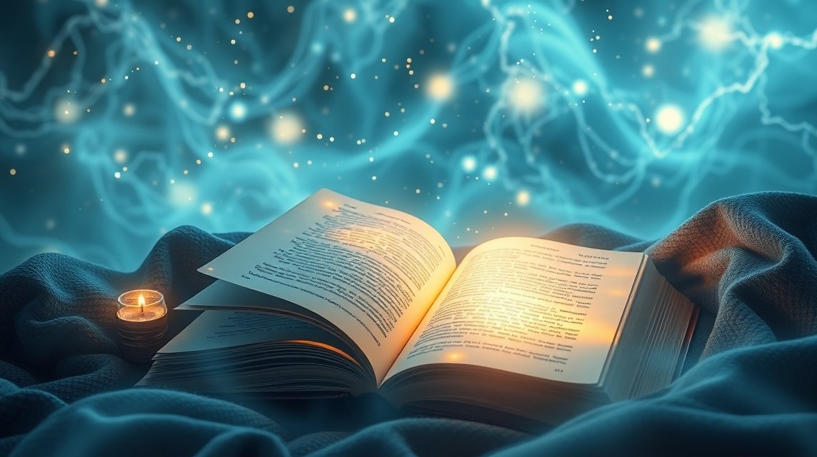 Libro aperto su un fondo blu con una candela accesa e scintille luminose