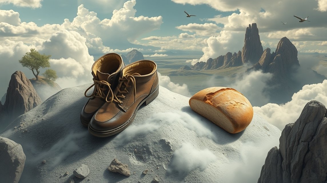 Un paio di scarpe e un pane su una montagna lontana nel cielo.