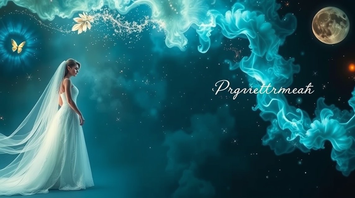 Donna che sogna in abito da sposa con sfondo stellato e mistico