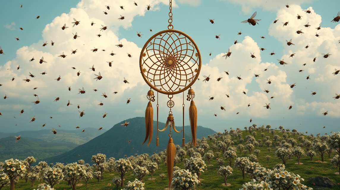 Un sogno con tante api e un catturatore di sogni in un paesaggio naturale.