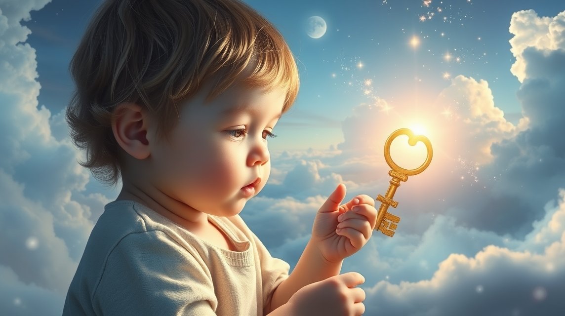 Bimbo che tiene una chiave dorata tra le nuvole: simbolo di nuovi inizi